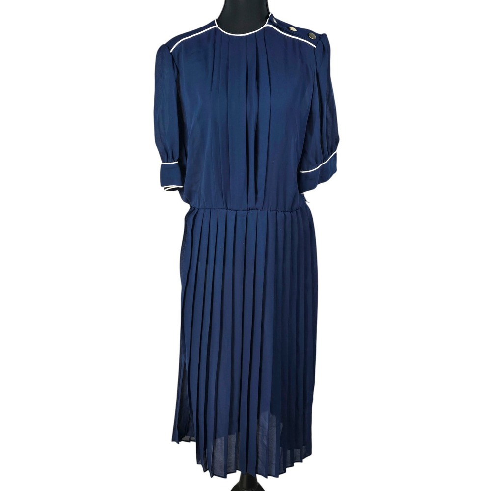 Impromptu Navy Blue Pleated Midi Dress Vintage 80s White Piping Size 14 USA Made